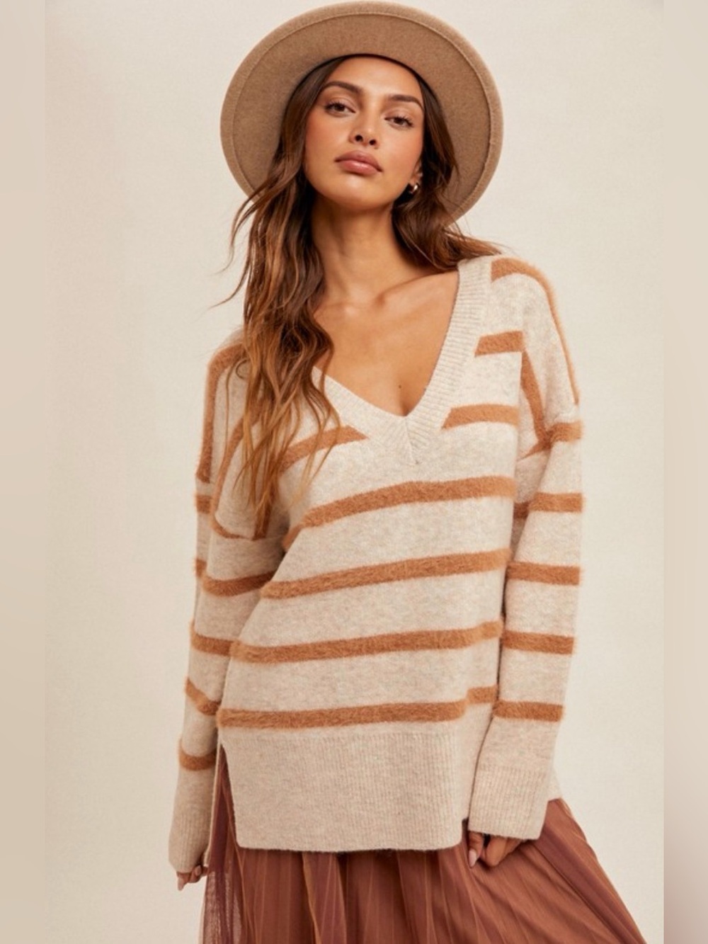 Cozy V-Neck Striped Sweater in Cream and Tan